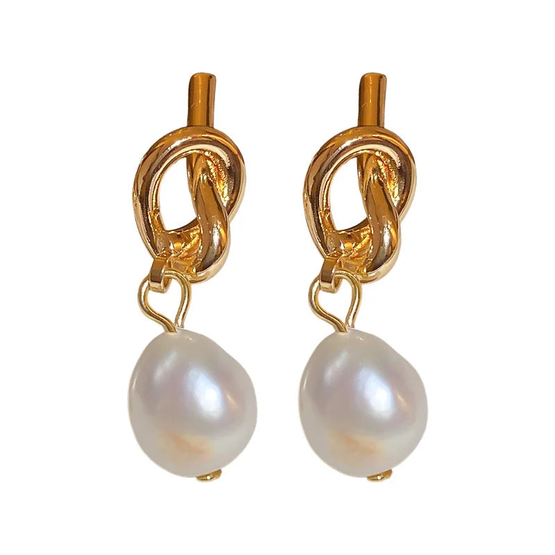 French Elegant Gold Color Knot Pearl Earrings