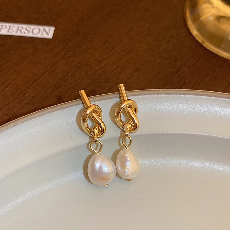 French Elegant Gold Color Knot Pearl Earrings