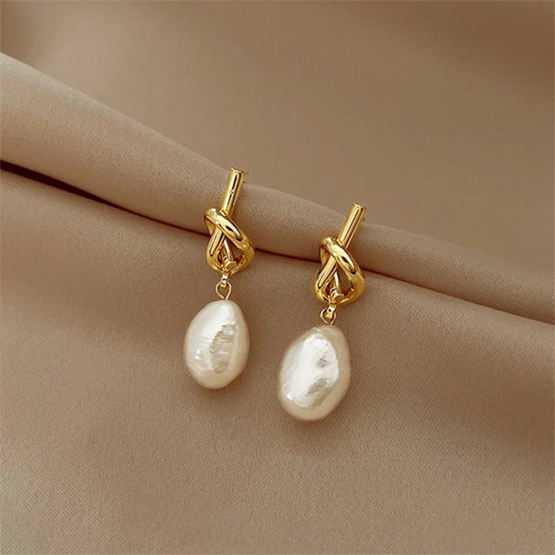 French Elegant Gold Color Knot Pearl Earrings