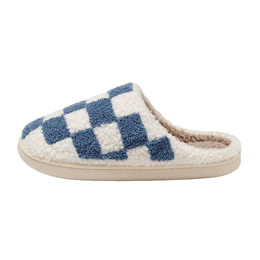 Fuzzy Women Men Slippers Fashion Checker Embroidery Houseshoes Cozy Fluffy House Retro Checkered Print Winter Home Shoes