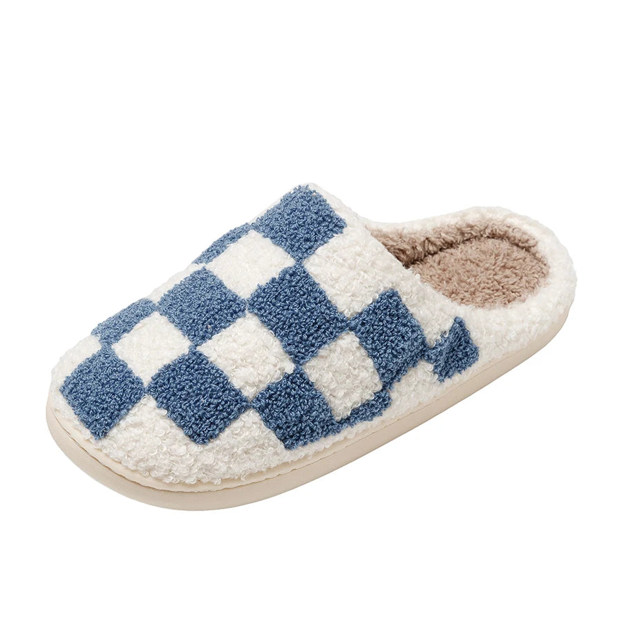 Fuzzy Women Men Slippers Fashion Checker Embroidery Houseshoes Cozy Fluffy House Retro Checkered Print Winter Home Shoes