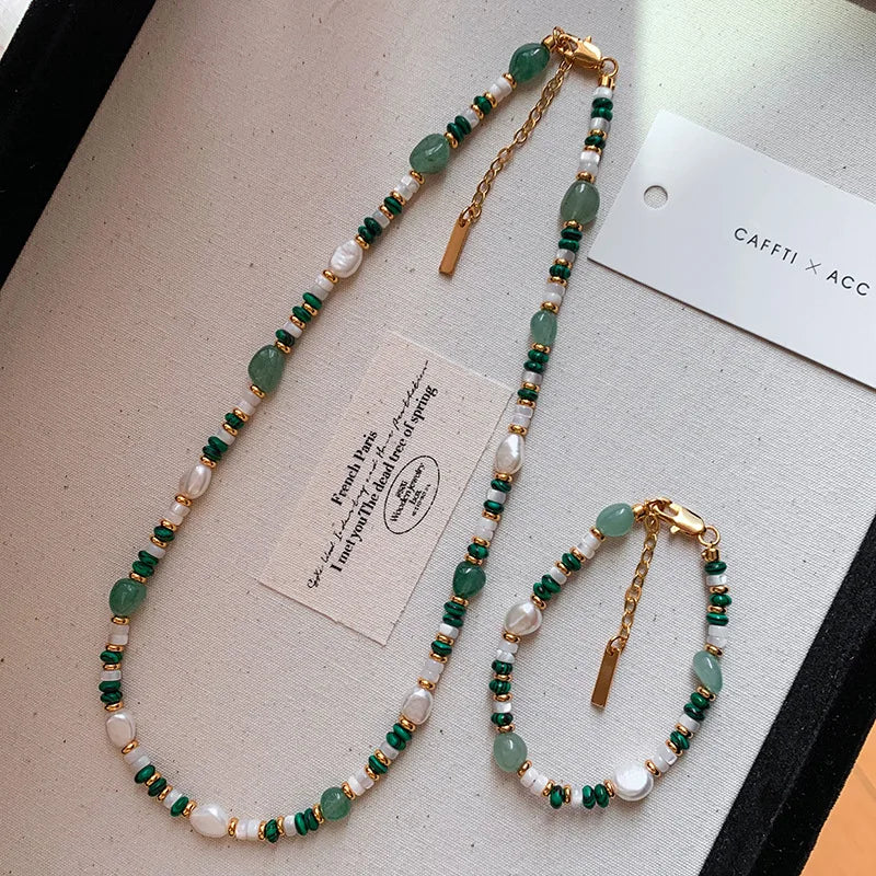 New Arrival Trendy Natural Freshwater Pearl & Jade Stone 14K Gold Filled Female Jewelry Set For Women Necklace Bracelet Gifts